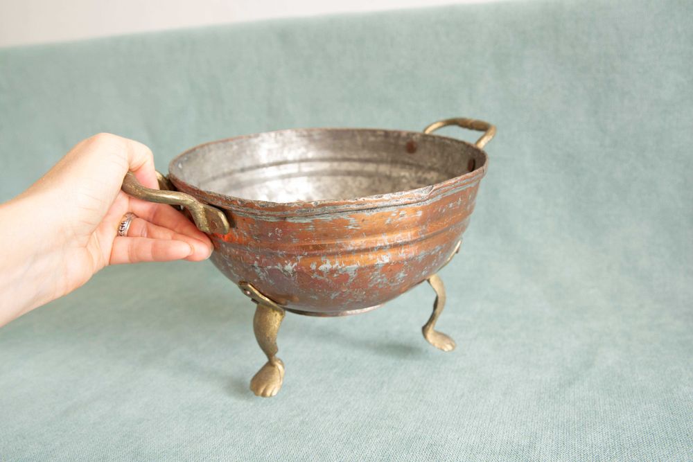 Antyk pojemnik miedziany kociołek zabytkowy ciężki misa na nóżkach