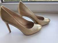 Nine west 37 38 р. Кожаные туфли лодочки высокий каблук золотые класси