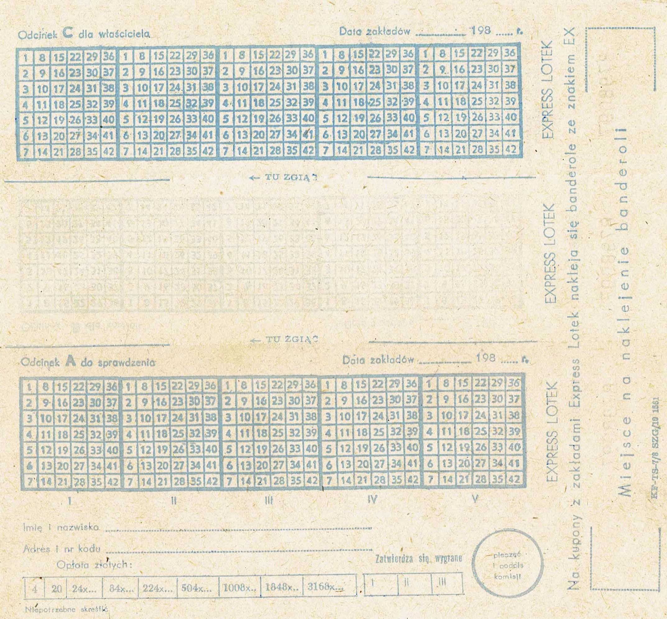 Kupon Express Lotek niewypełniony lotto z lat 80-tych