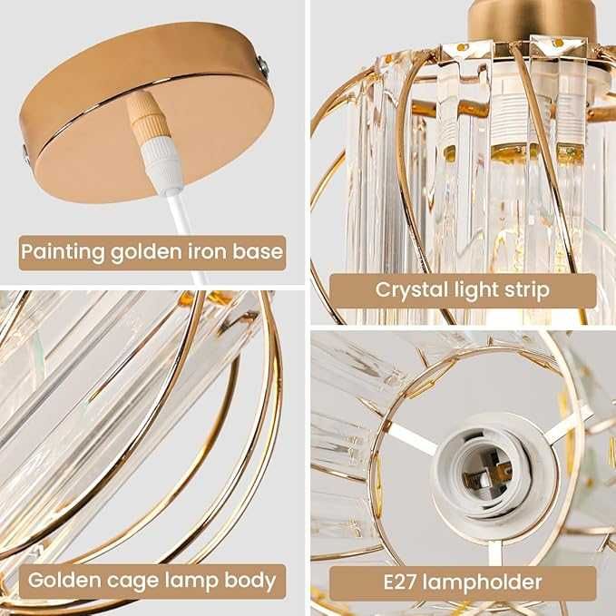 Kryształowa Lampa Wisząca Pheashine, Złoty Żyrandol E27 Art Deco