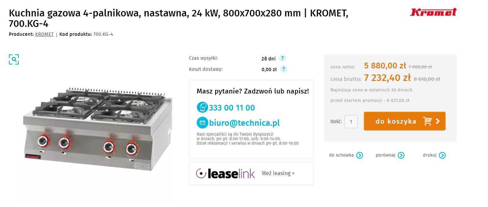 KUCHNIA GAZOWA 4 palnikowa KROMET nastawna 24kW 80x70 kuchenka gastro