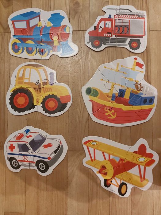 Puzzle 4 elementowe pojazdy "Mama maluje" x2 szt +puzzle drewniane