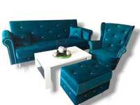 Sofa Glamour Kanapa rozkładany do spania zestaw Fotel i pufa