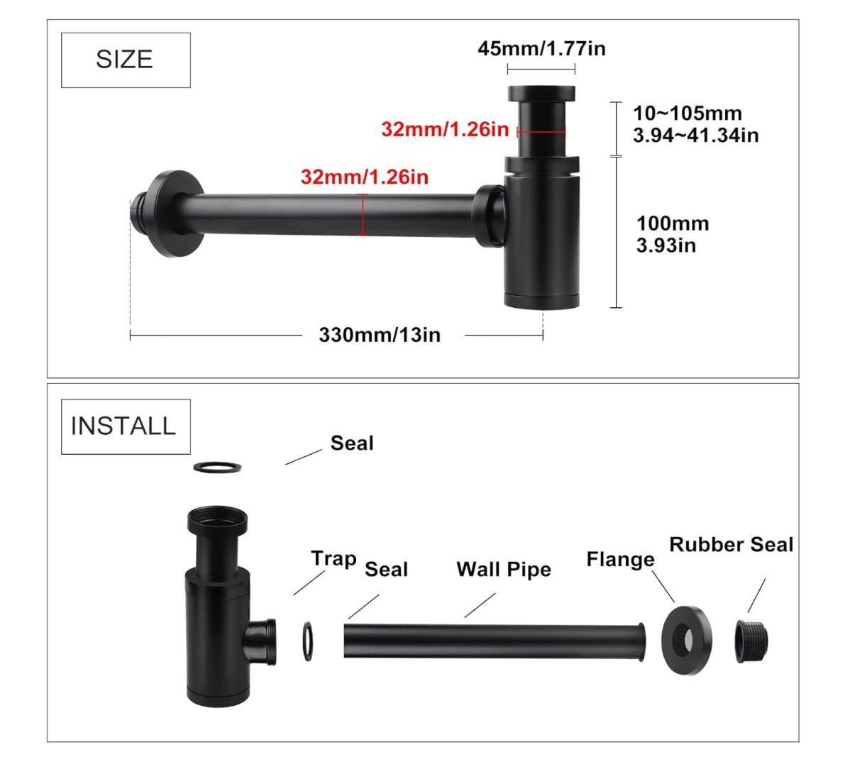 Syfon do umywalki czarny 1 1/4" fi 32 mm regulowany