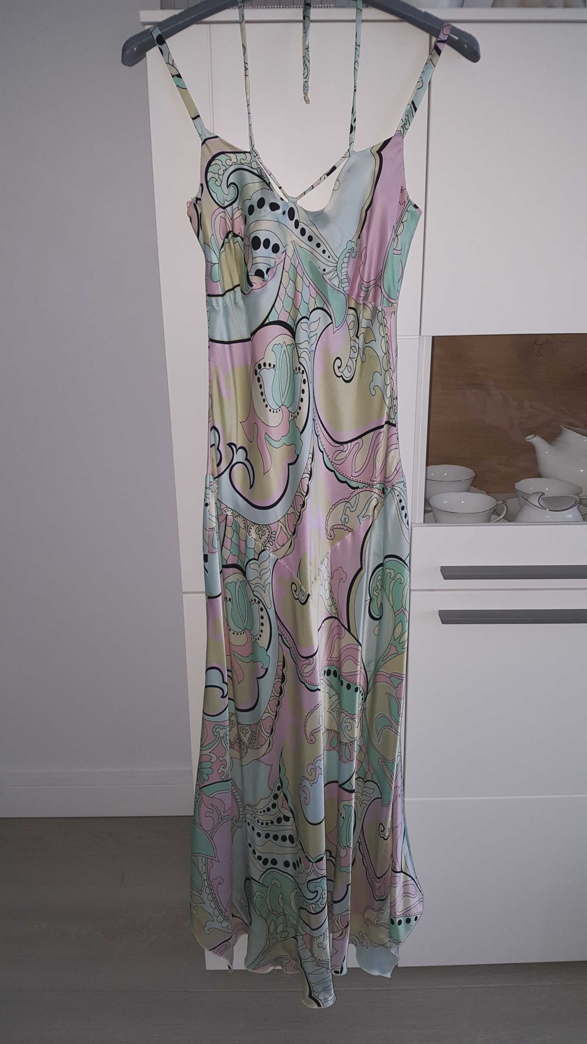 sukienka długa kolorowa jedwab HEXELINE r. 34 z bolerkiem r. 36