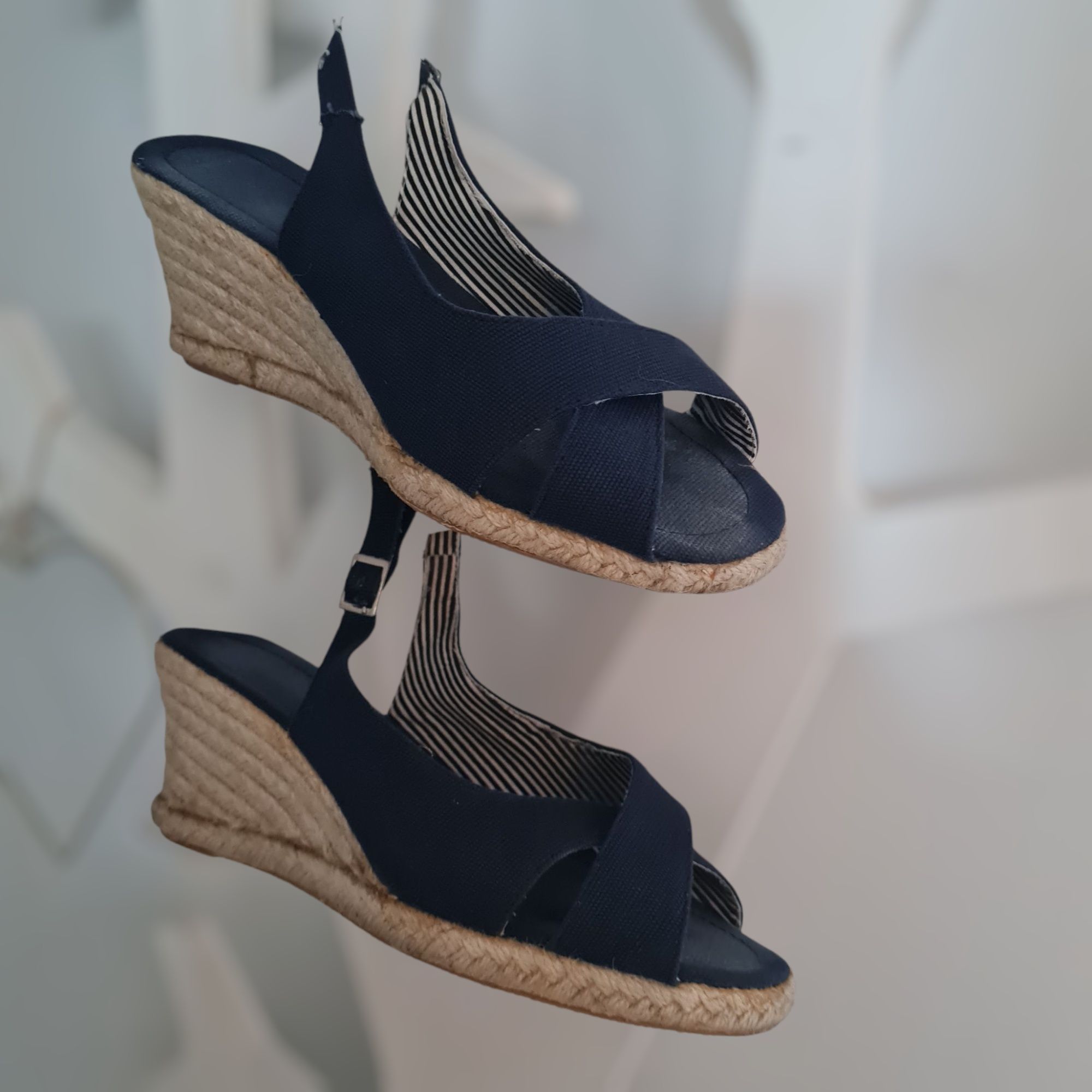 Sandały espadryle granatowe marynarskie paski koturn r. 38 bawełna