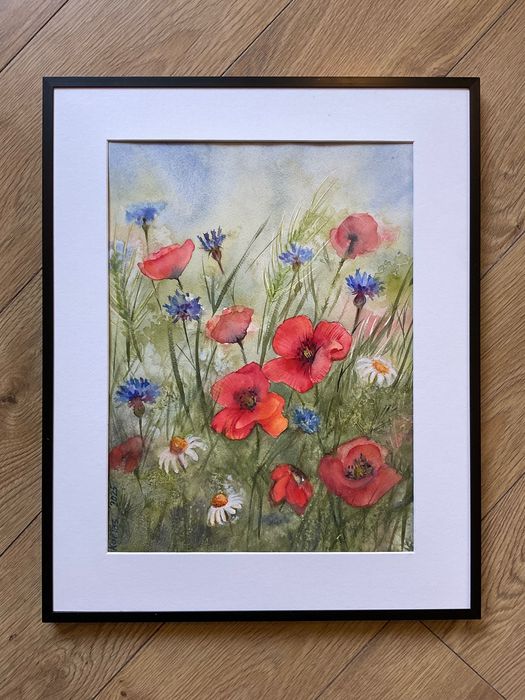 Akwarela „Maki” 41 / 31 cm obraz kwiaty łąka chabry