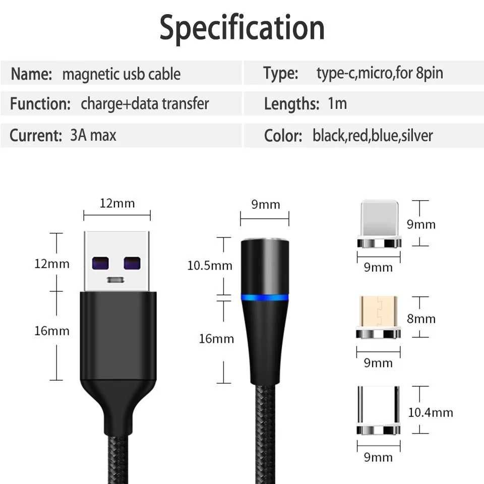 3А Качественный Магнитный Светодиодный кабель быстрой зарядки 1-2метра