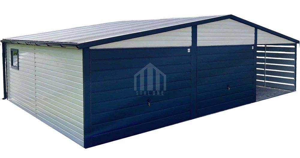 Garaż blaszany 6x6m + wiata 3m - 2x brama okno drzwi dach rynny SO135