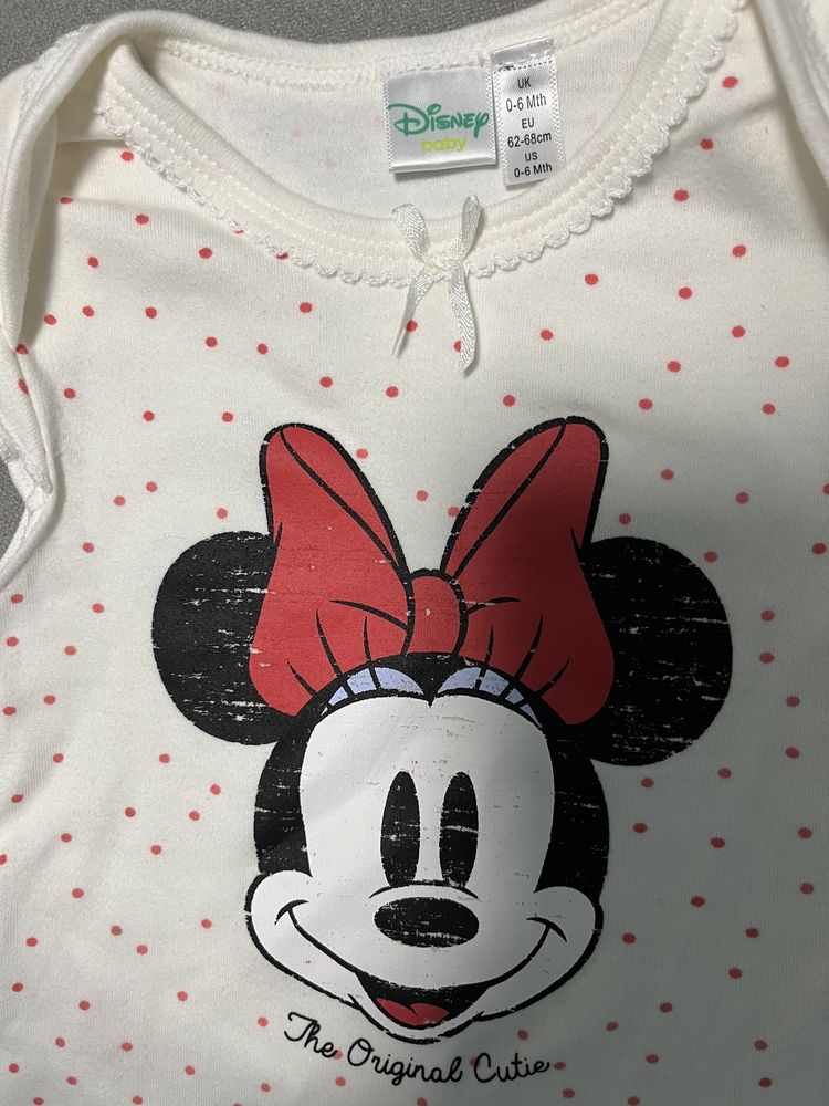 Nowy zestaw body krótki rękaw Minnie Disney,spodnie jeansy Guess r.68