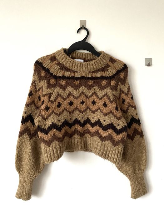 Zara jesienny brązowy sweter wzory jesieniara styl scandi