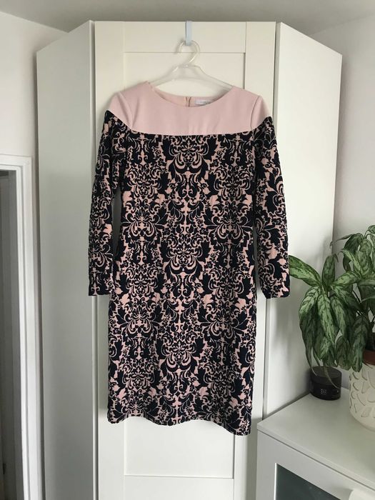 Elegancka sukienka L granatowa różowa na uroczystości ciepła