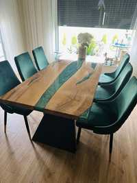 Przepiekny stol debowy z zielona zywica i 6 welurowych krzesel