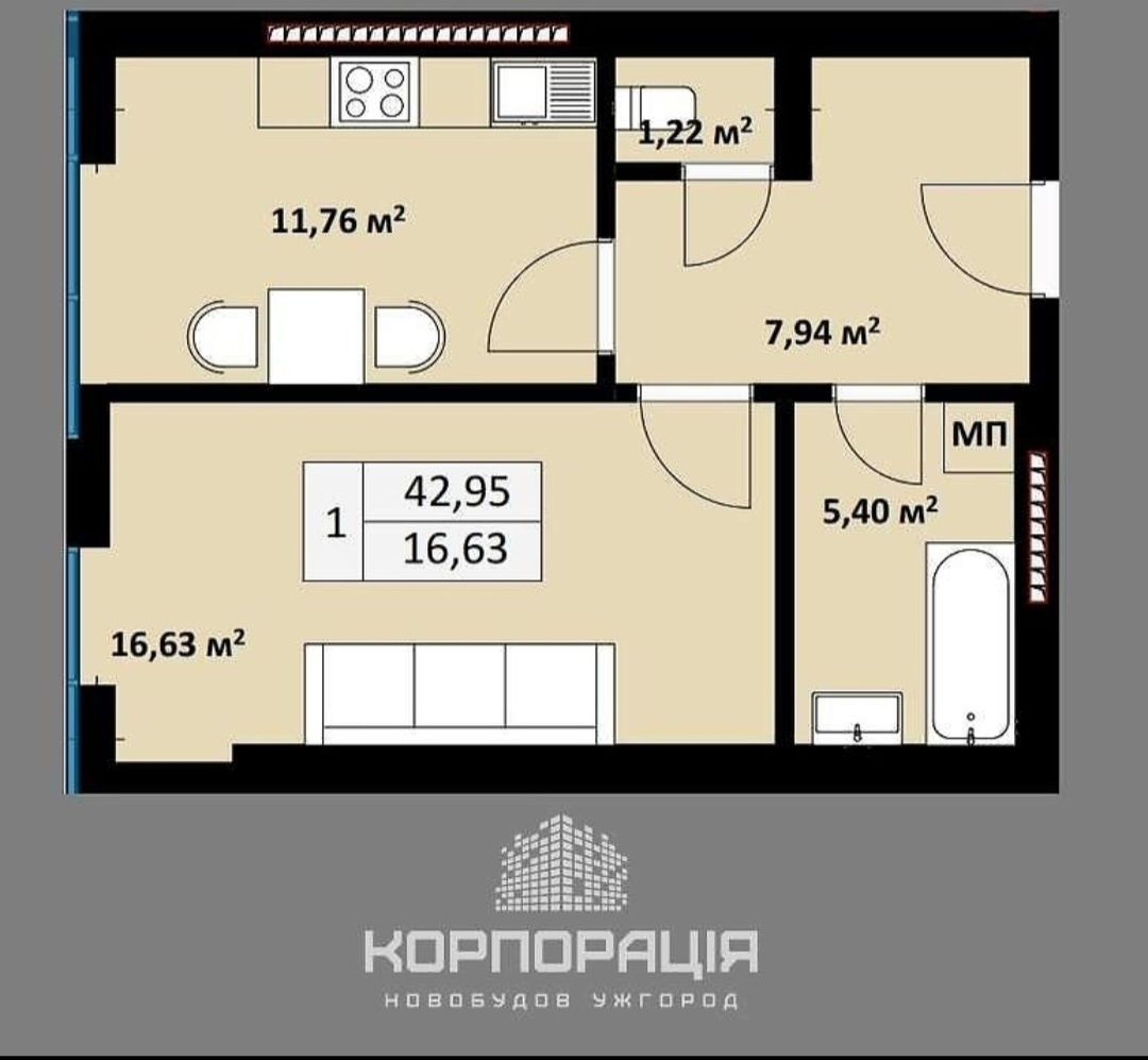 Продаж 1-км квартири на набережній; новобудова в центрі