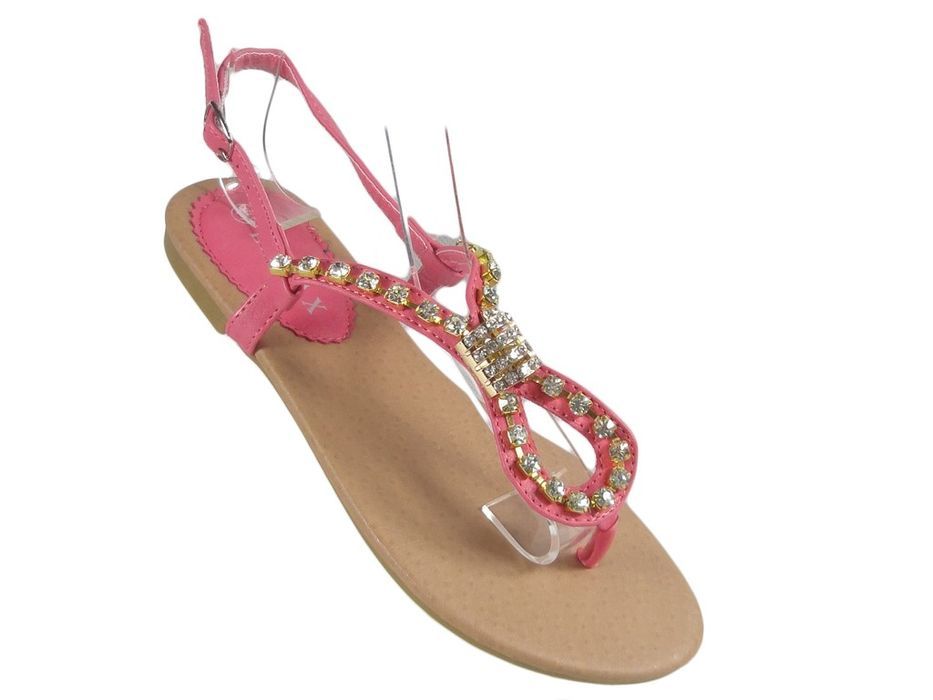 Różowe sandały damskie z cyrkoniami buty płaskie 36
