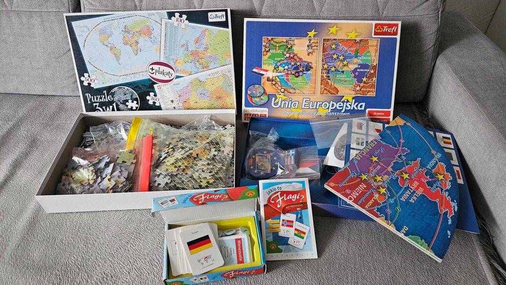 Zestaw: gra edukacyjna Unia Europejska i puzzle 3 mapy, gra Flagi