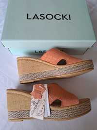 Lasocki sandały klapki na koturnie skórzane pomarańczowe 40