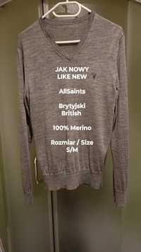 AllSaints  Brytyjski męski sweter / bluza z wełny merynosów, Roz. S/M