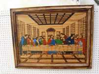 Quadro ceia de Cristo em pirógravura e pintura acrílica