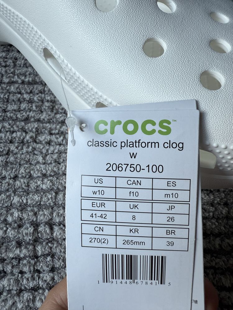 Klapki damskie Crocs Classic Platform r. 41-42, 10 NOWE Białe