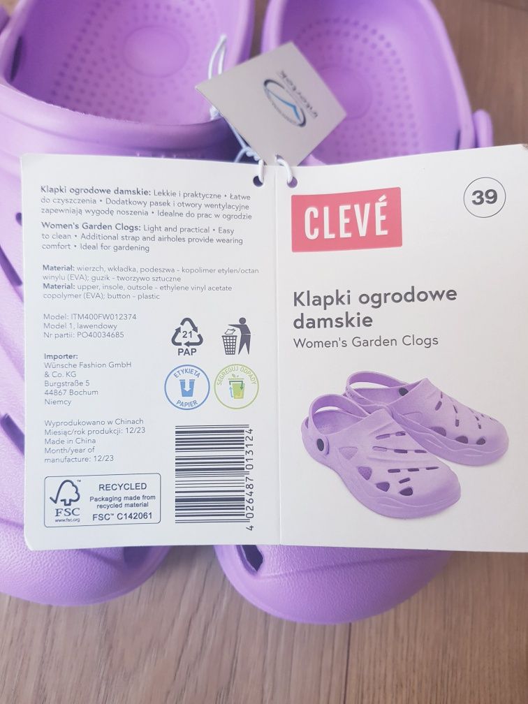 Nowe klapki ogrodowe  damskie marki Cleve rozmiar 39