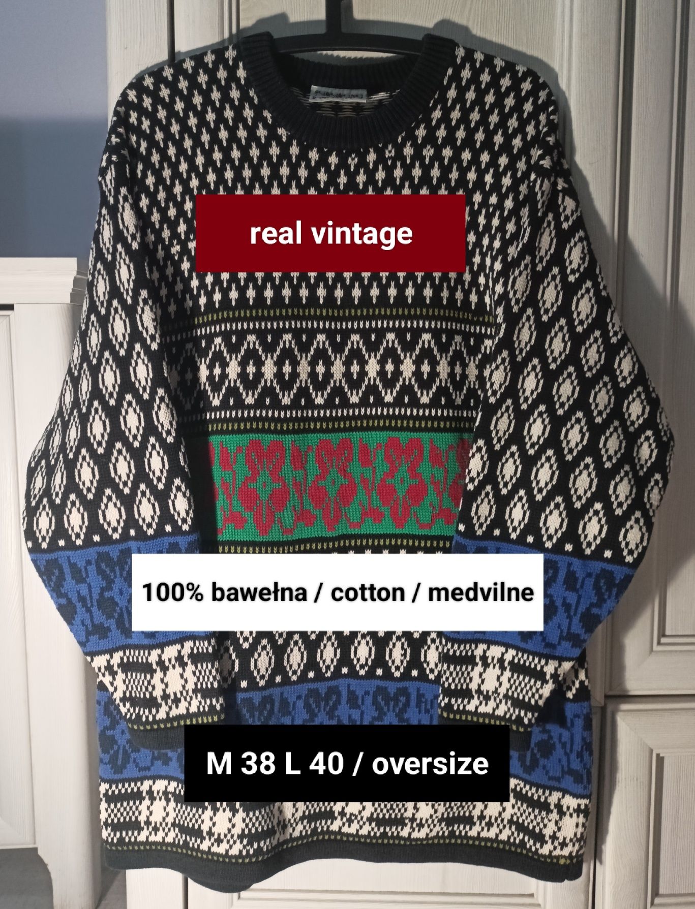 M L XL oversize bawełniany sweter vintage folk cottage ludowy unikat