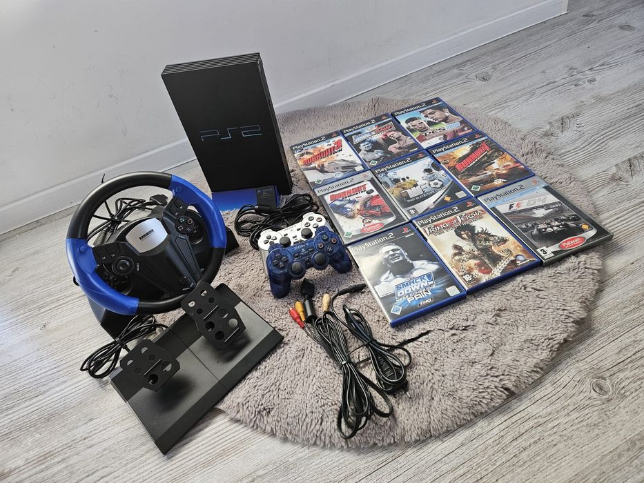 PlayStation 2 FAT SCPH - 39004, 2 pady, 9 gier, kierownica