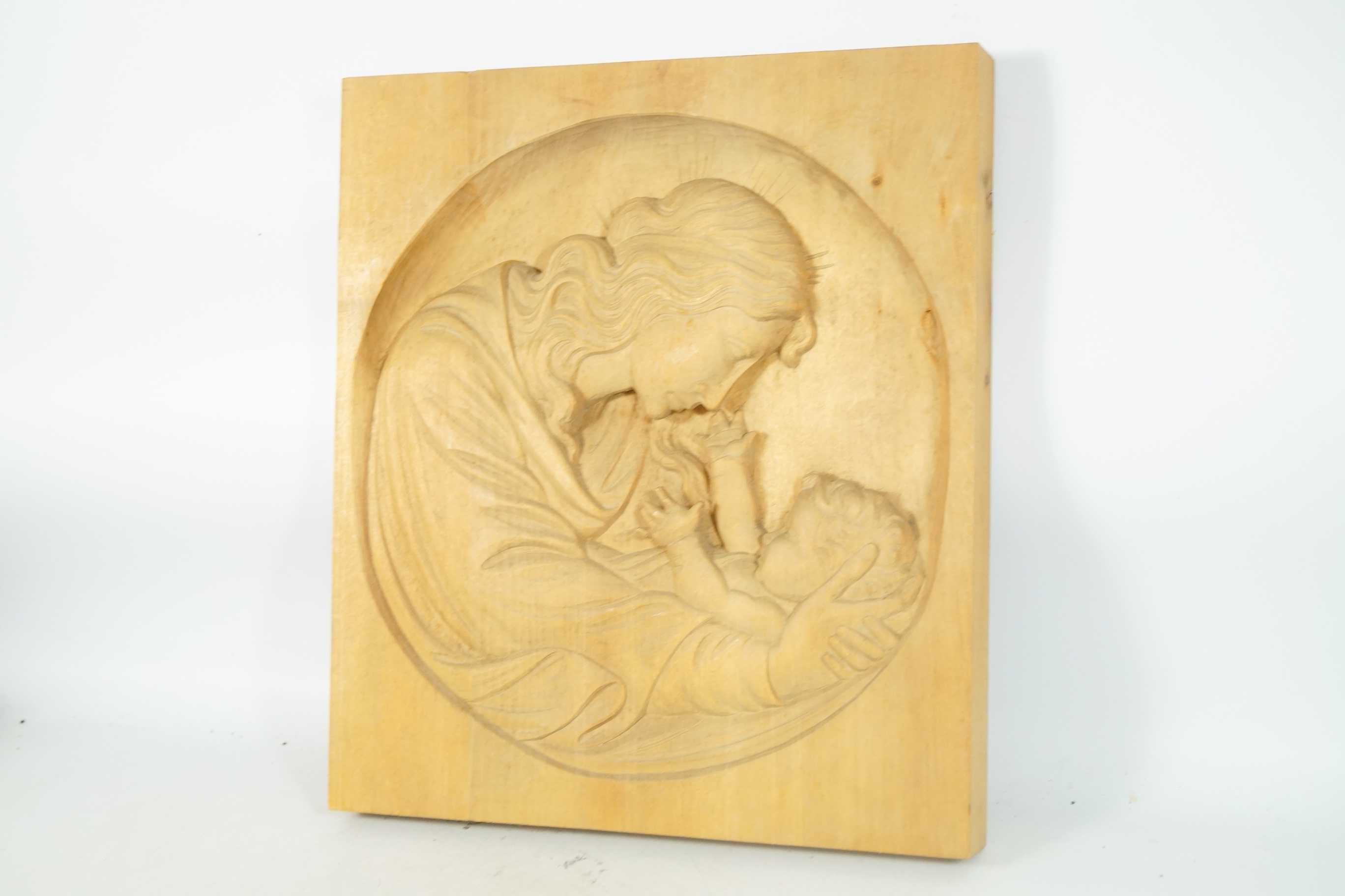 DUŻA Piękna drewniana płaskorzeźba 3D  Matka Boska z Dzieciątkiem