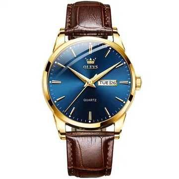 Zegarek kwarcowy złoty klasyczny 39mm datownik niebieska tarcza luma