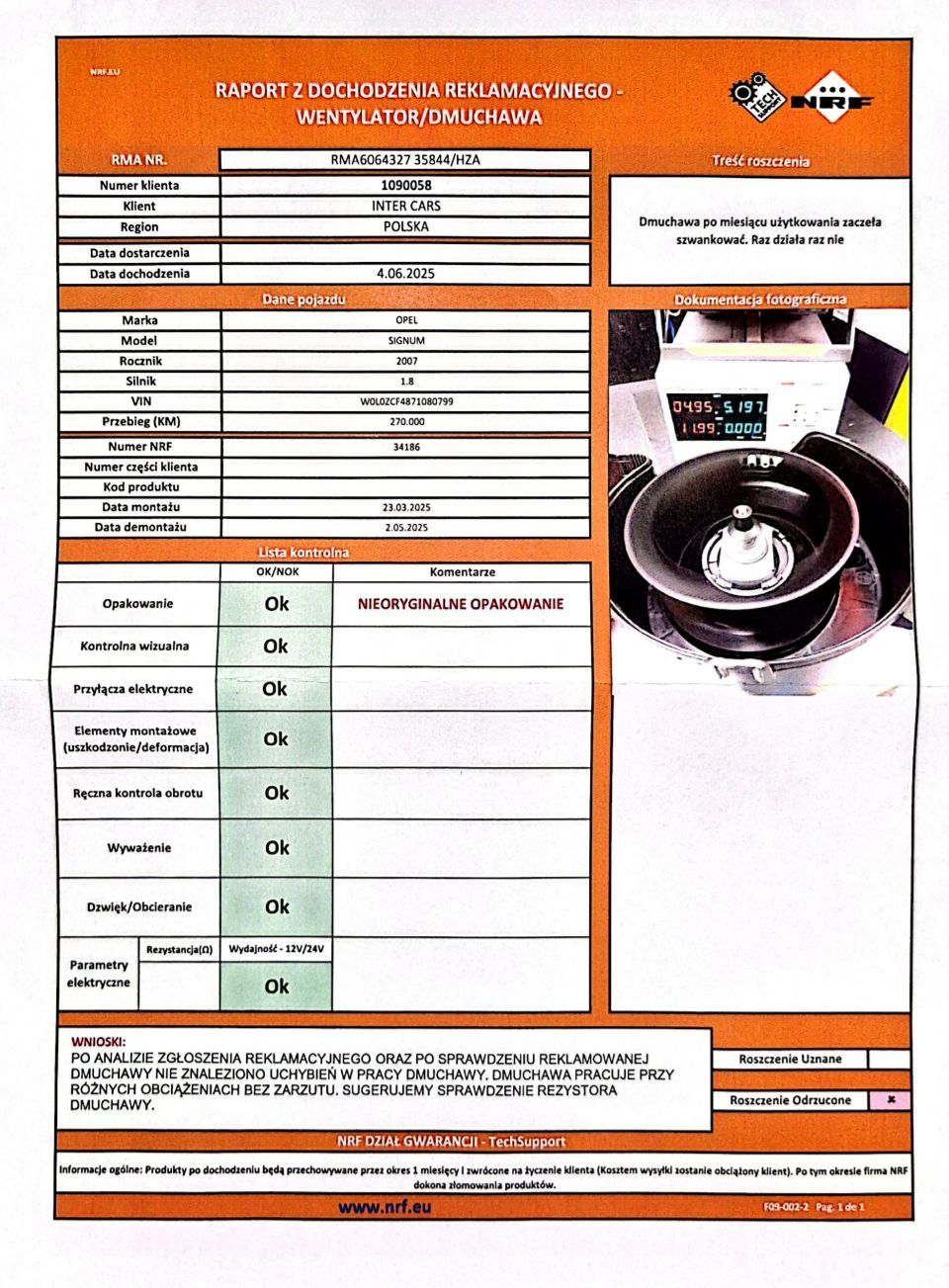 Wentylator Dmuchawa NRF 34186 Opel Vectra C / Opel Signum