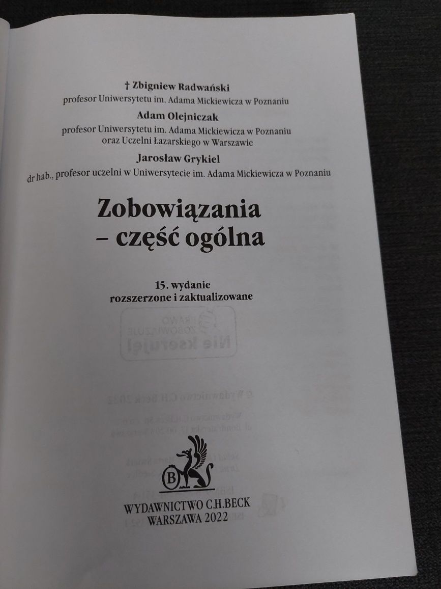 Zobowiązania część ogólna 15 wydanie Radwański Olejniczak Grykiel