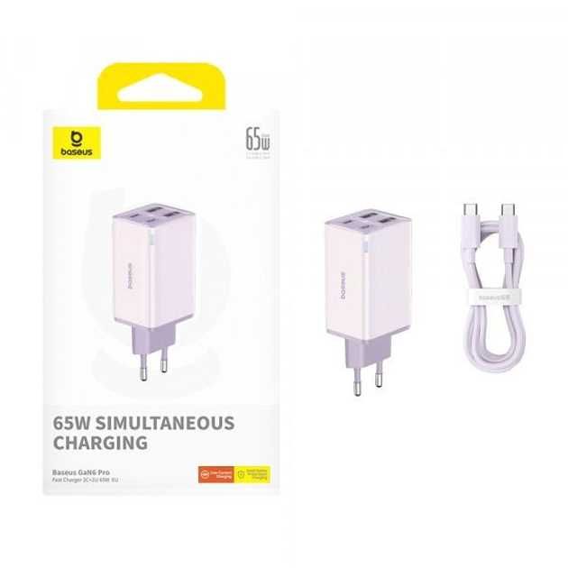 Блок живлення Baseus GaN6 Pro Fast 2C+2U 65W Cable Type-C Purple