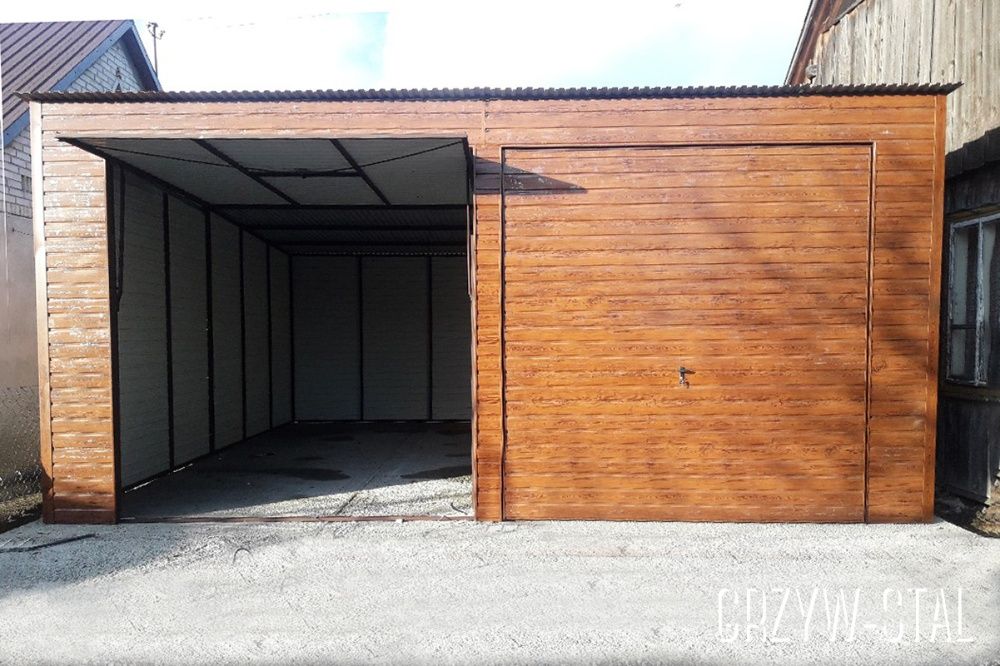 Garaż Blaszany 6x5m - Dwie Bramy Uchylne, Ciemny Orzech, wiaty,hale