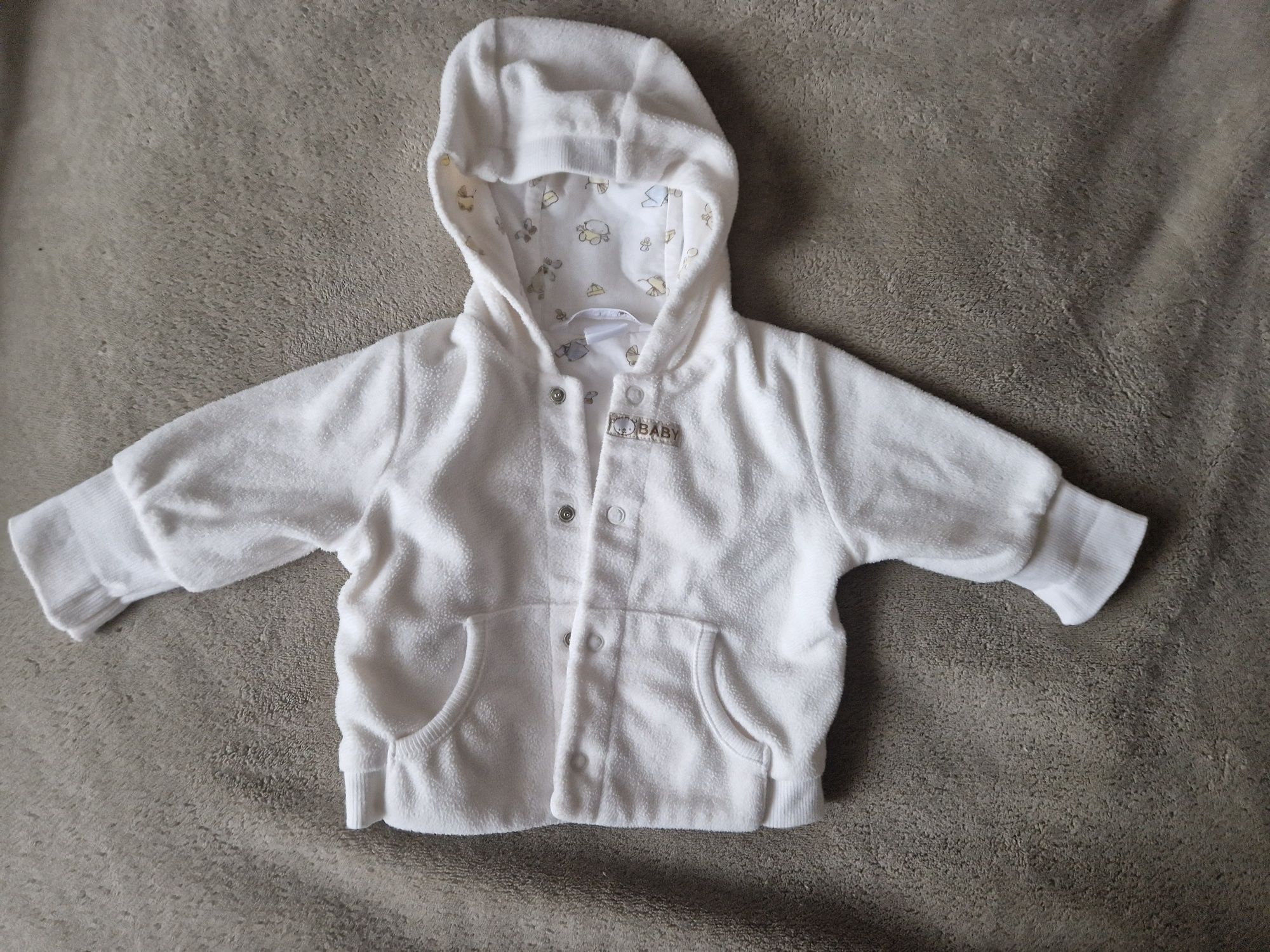 Bluza polarowa niemowlęca do chrztu biała/ ecru, H&M r. 56, miś