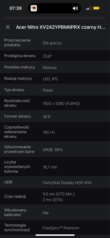 Monitor Acer 165hz
