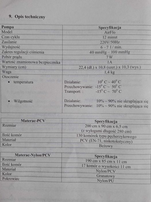 Materac przeciwodleżynowy z pompą pneumatyczną.