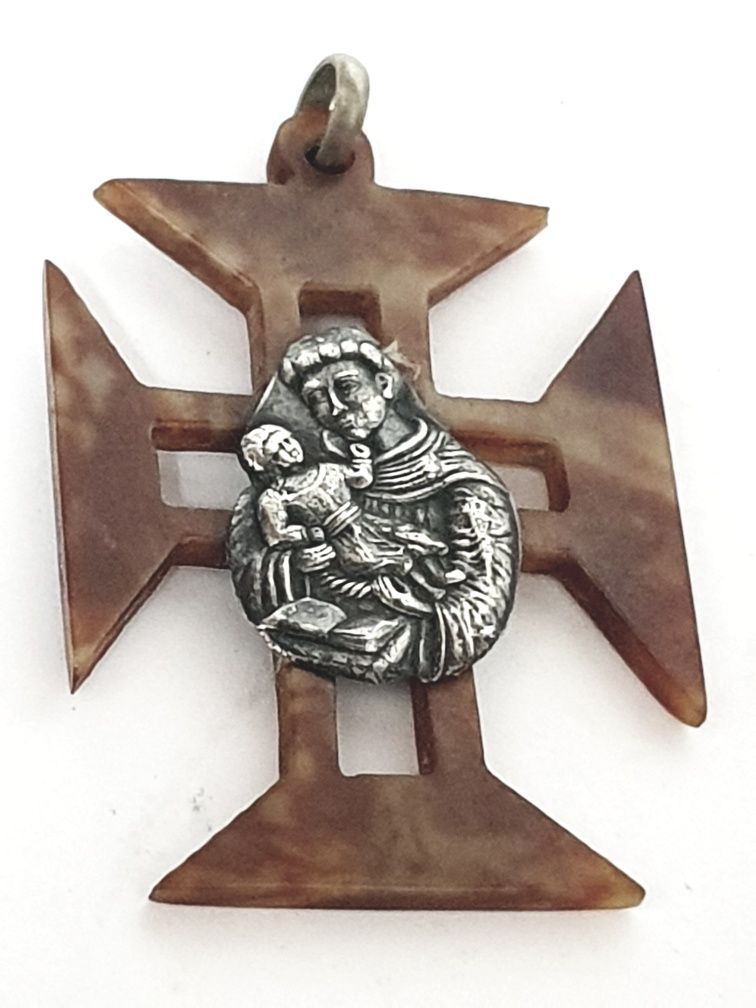Antigo pendente Cruz de Cristo com Santo António em prata