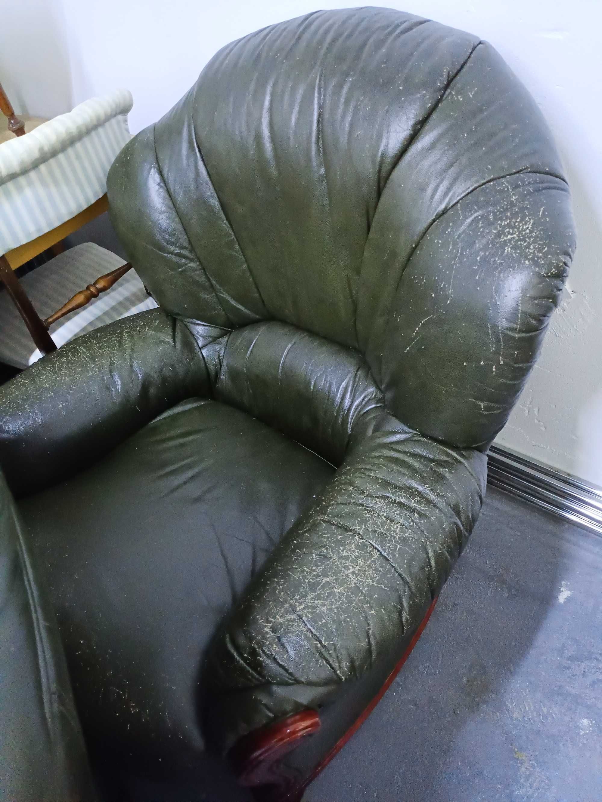 Kanapa sofa + trzy fotele zielona skóra