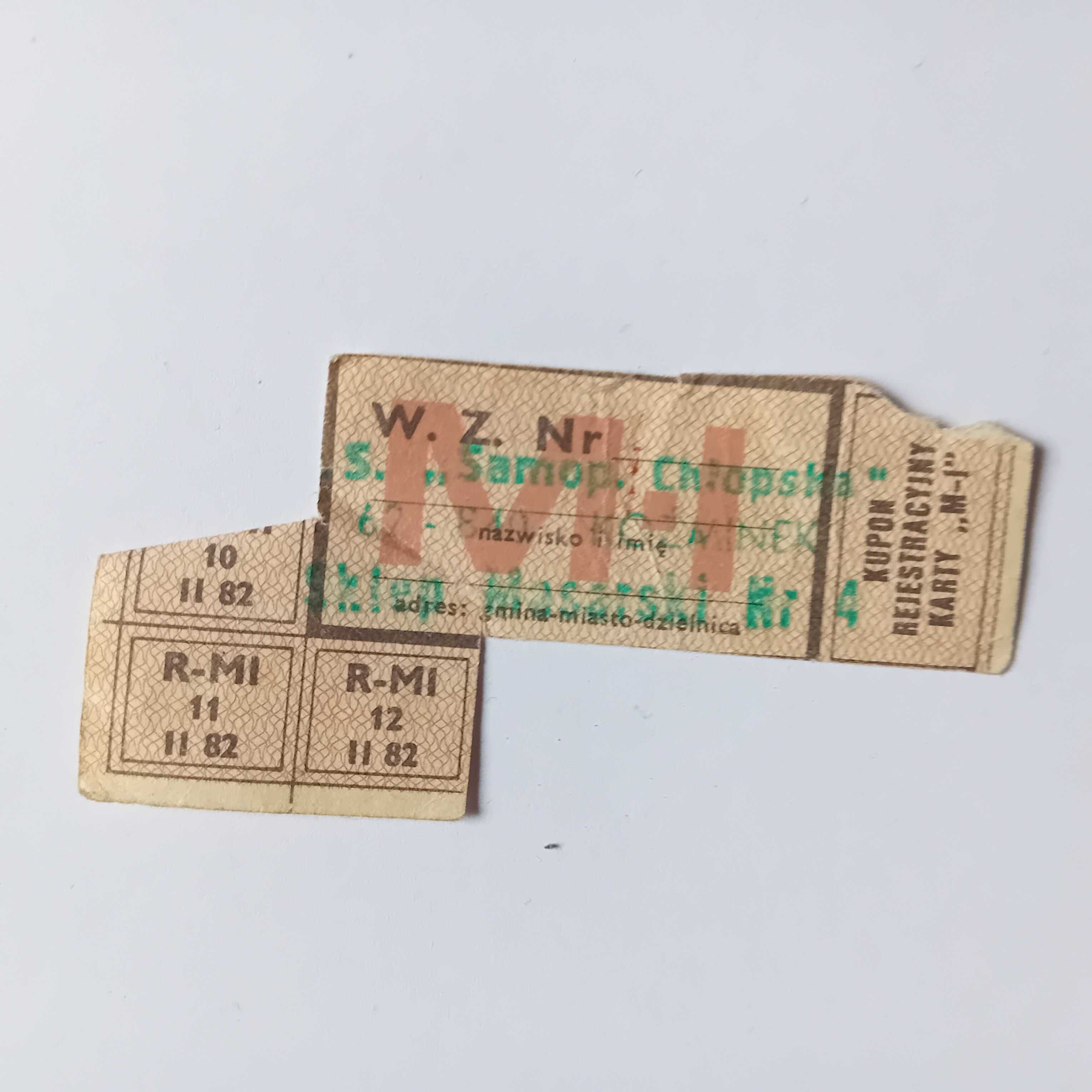 Kartka żywnościowa Mi II 1982 oryginał z pieczątką.