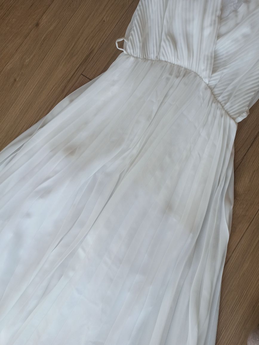 Ecru sukienka koktajlowa plisowana kopertowy dekolt maxi V serek S/36