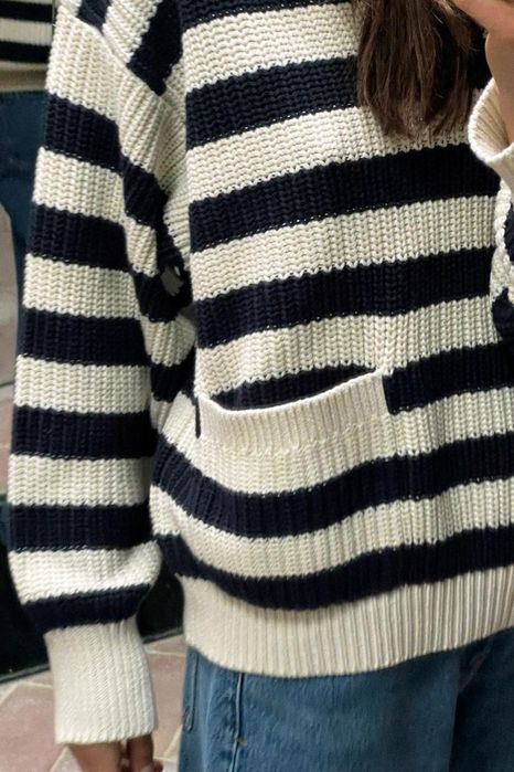 Светр свитер в смужку в полоску з капюшоном zara крупної вʼязки