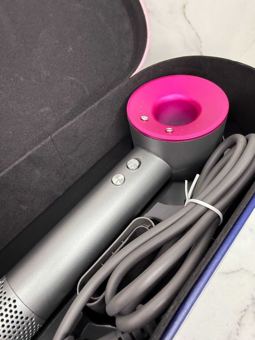 Фен Dyson Super Hair Dryer, 1 насадка, шкіряний кейс, сірий + фуксія
