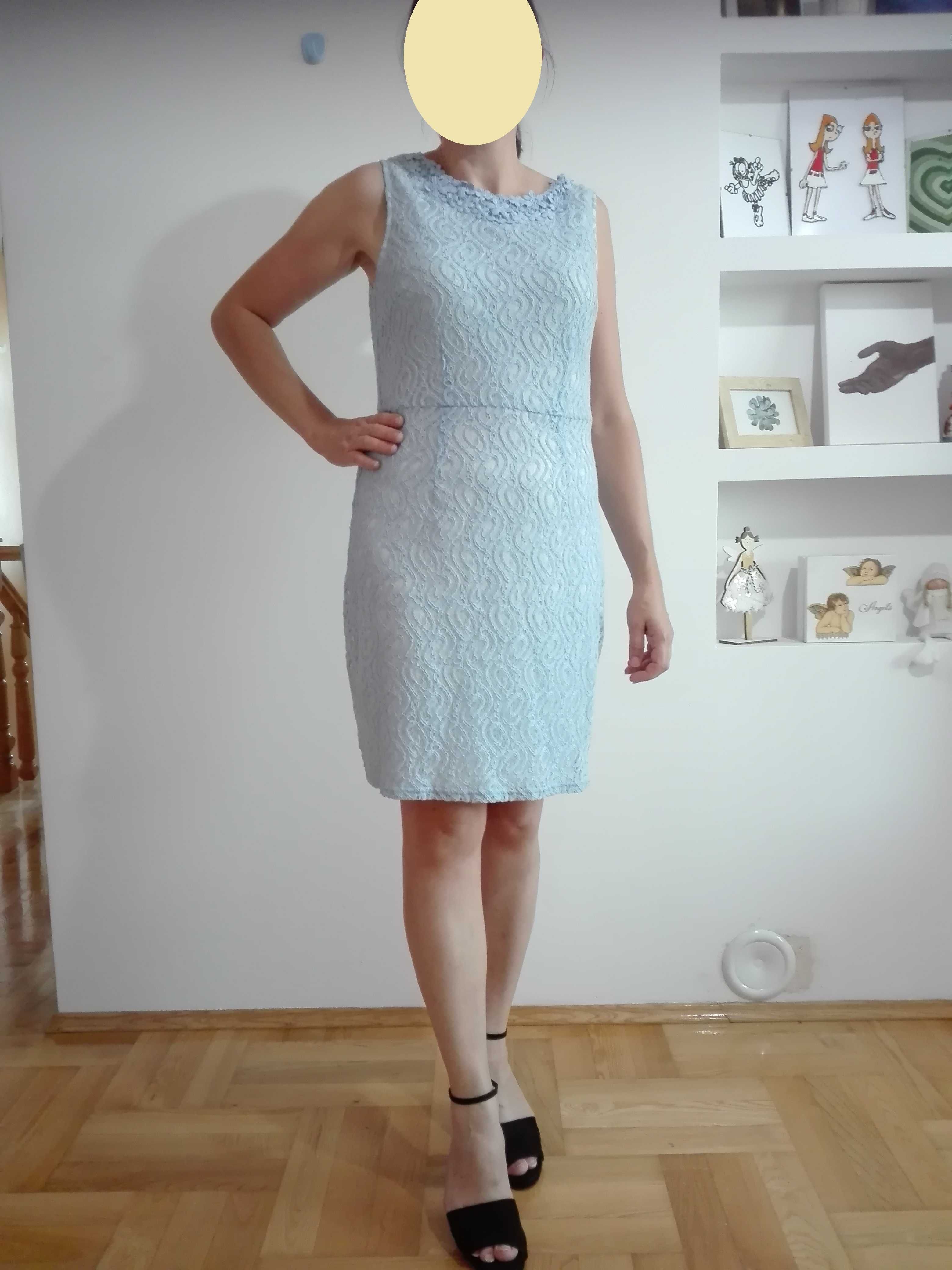 nowa, niebieska sukienka z koronki M/38, elegancka z metką