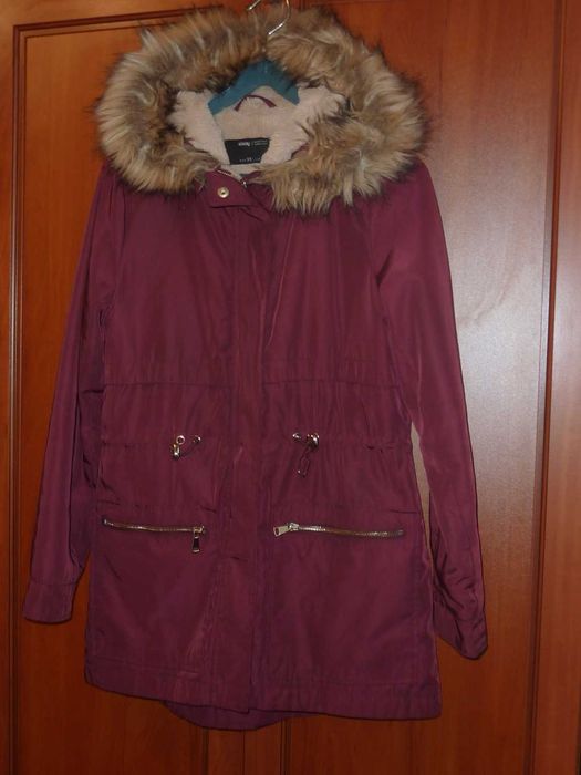 Okazja! Damska Kurtka Bordowa beżowe futerko XS SINSAY