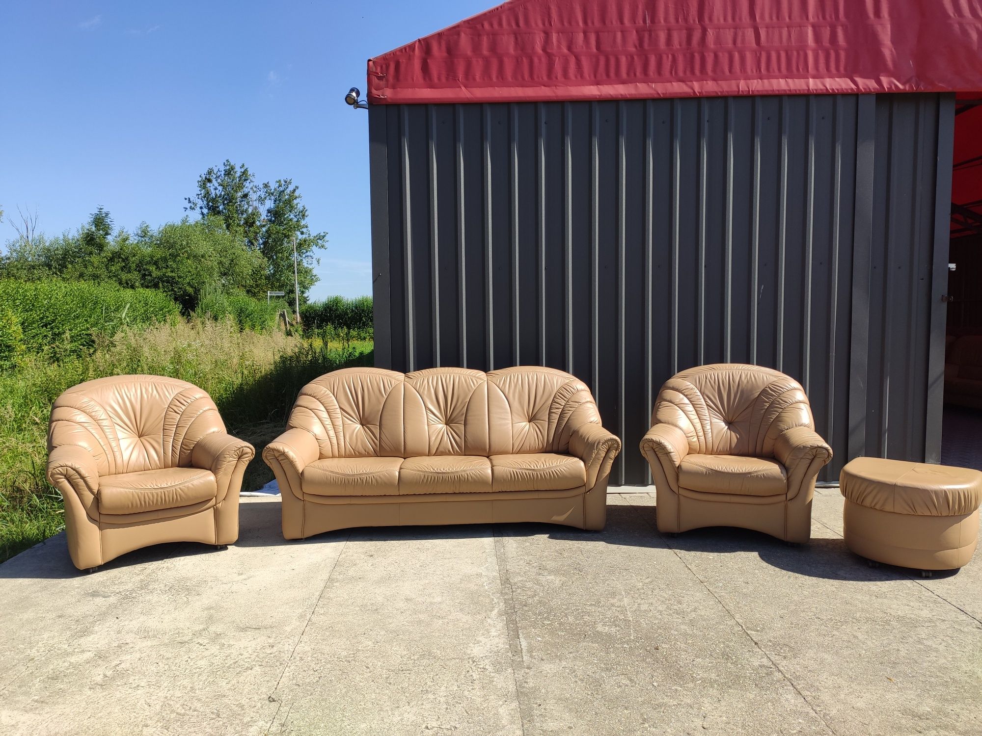 Sofa skórzana 3-osobowa+2 fotele+pufa/wypoczynek-100% skóra naturalna