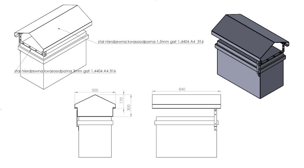 Osłona kominowa nowy, daszek kominowy, stal nierdzewna, na wymiar, VAT