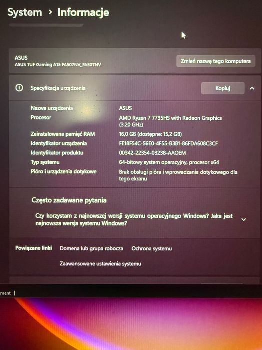 ASUS TUF Gaming A15 | GWAR. 16GB RAM R7-7735HS RTX4060 1TB SSD 144HZ