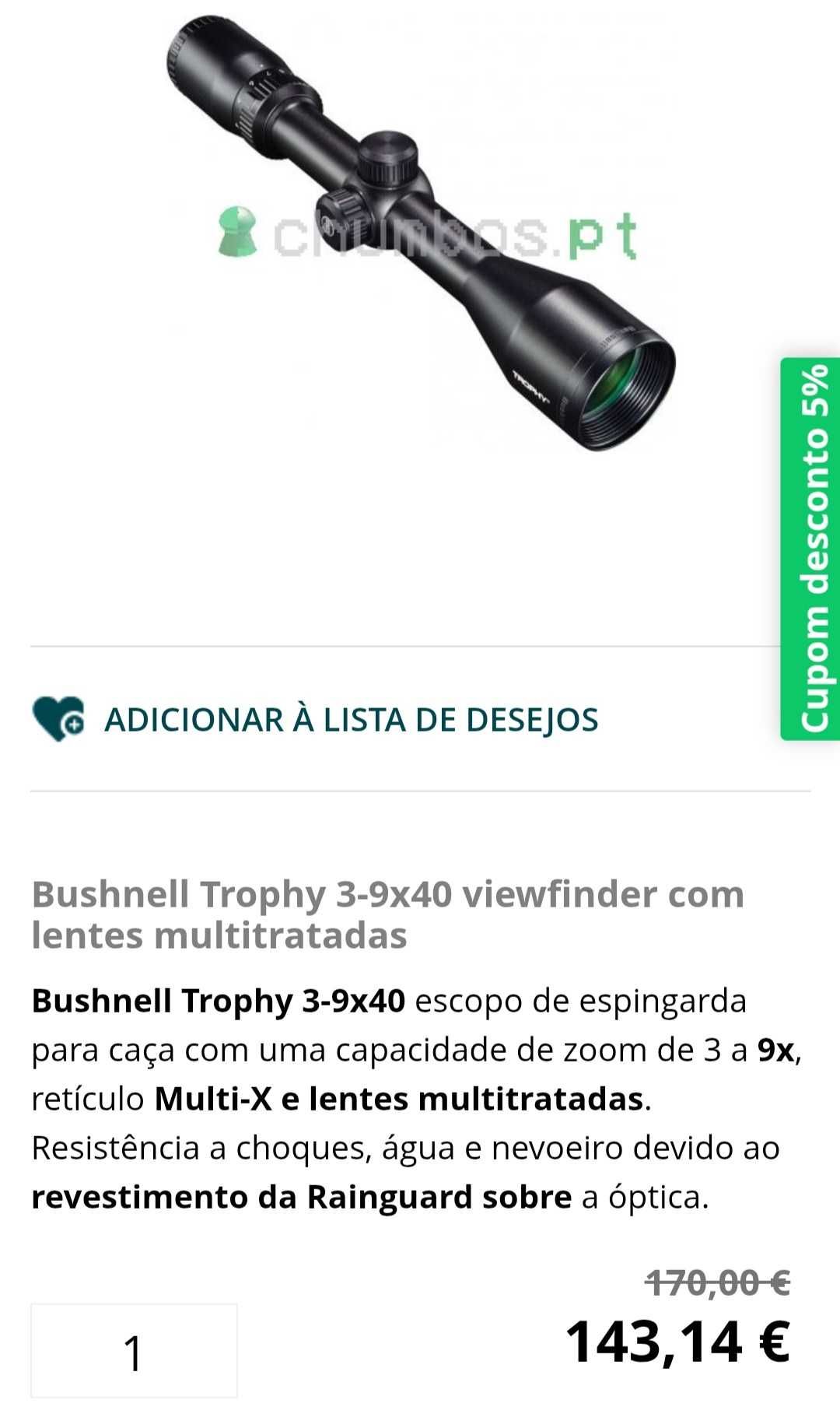 Mira de Caça para arma Bushnell Viewfinder de Troféus 3-9x40 MX