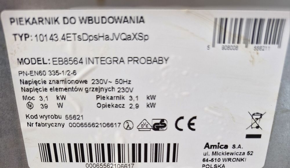 Piekarnik Amica EB8564 INTEGRA PROBABY