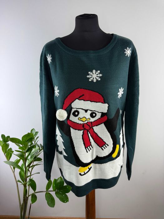 Zielony sweter świąteczny z bałwanem Bonprix rozmiar 40/42, czyli L/XL